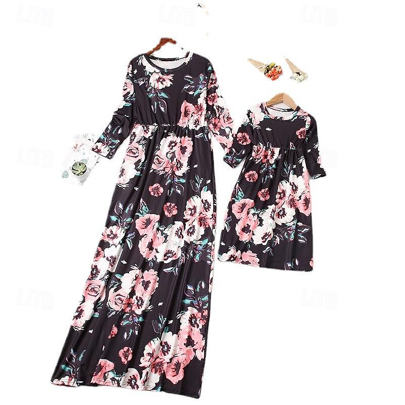 Mommy and Me Dresses Graphic Home Black White Pink Long Sleeve Mommy And Me Outfits Daily Matching Outfits 2026 - $13.99 –P5