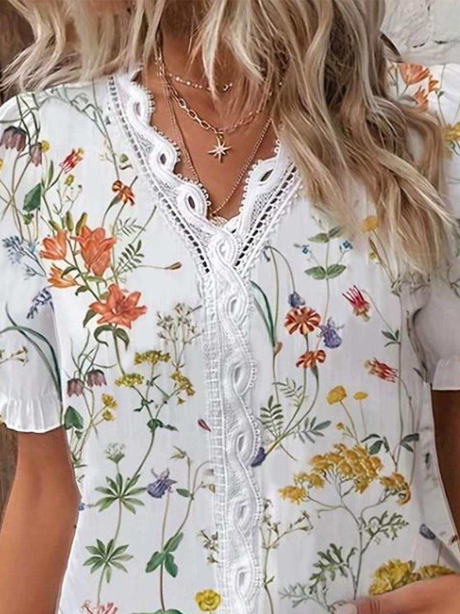 Blusa da donna bianca elegante in pizzo top blusa ad occhio pizzo floreale etnico manica corta maniche a palloncino V neck top romantico quotidiano petite abbigliamento estivo vacanze bianco estate del 2025 a $24.99 –P3