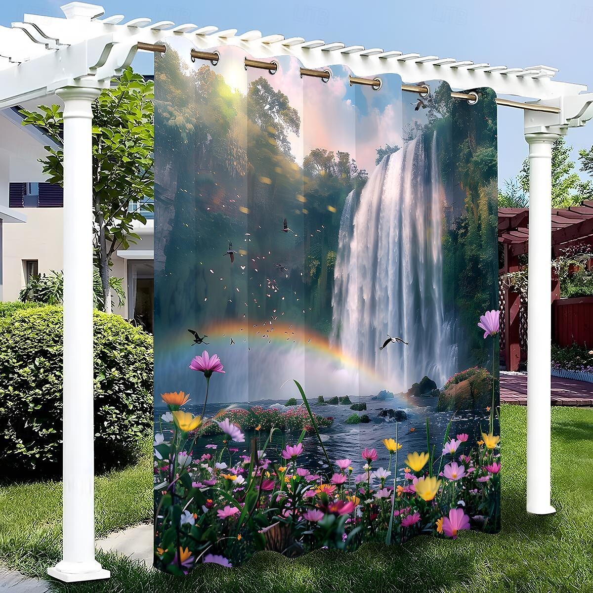 vízálló kültéri függöny magánélet, elcsúsztatható teraszfüggöny, pergola függönyök szivárványos folyami táj pavilonhoz, erkély, veranda, parti, 1 panel 2025 - $34.99 –P6