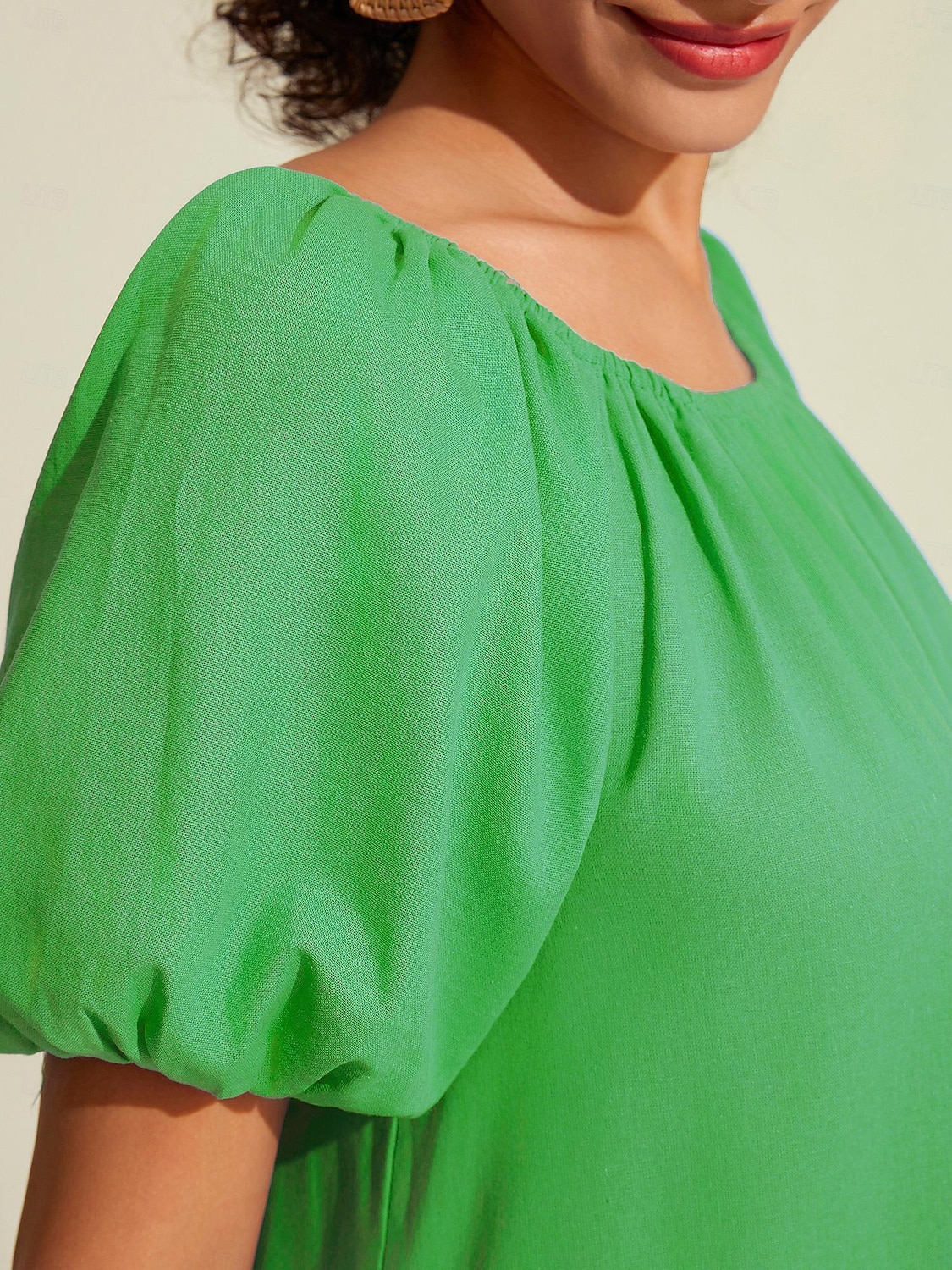 kvinners maxikjole i bomull fritidsklær feriekjole grønn løs passform off-shoulder puffermer en linje sommerkjole 2025 - $52.99 –P14