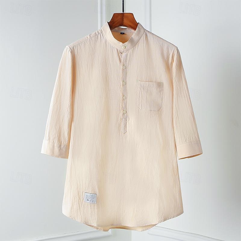 Per uomo Camicia camicia di lino Camicia con colletto cinese Camicia con colletto alla coreana Camicia popover Maglietta informale Liscio Da mare Hawaiano Nero Bianco Beige Azzurro Manica a 3/4 A del 2025 a $26.99 –P8
