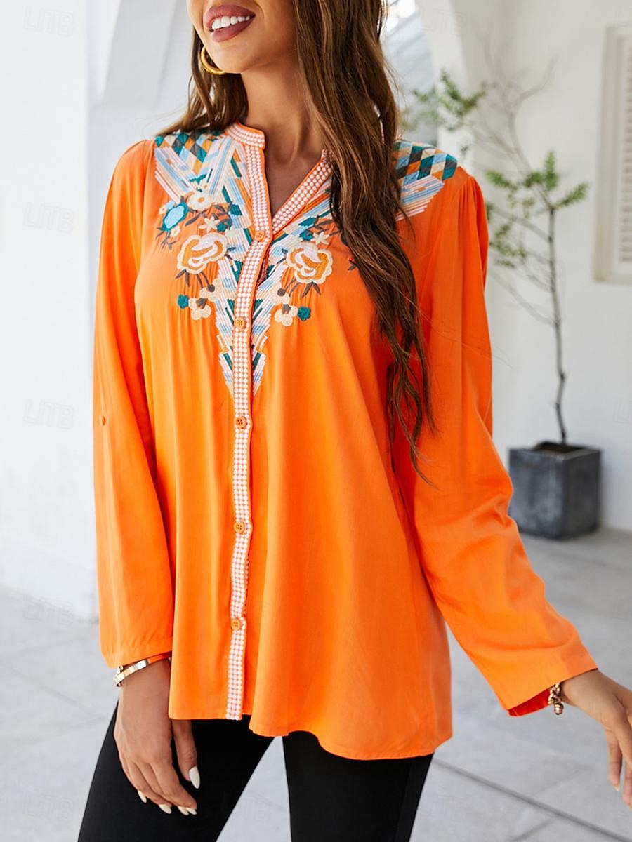 Dames Overhemd Geklede topjes Grafisch Casual Lange mouw V-hals Vakantie Dagelijks Knop Oranje Lente Herfst 2025 - $45.99 –P5