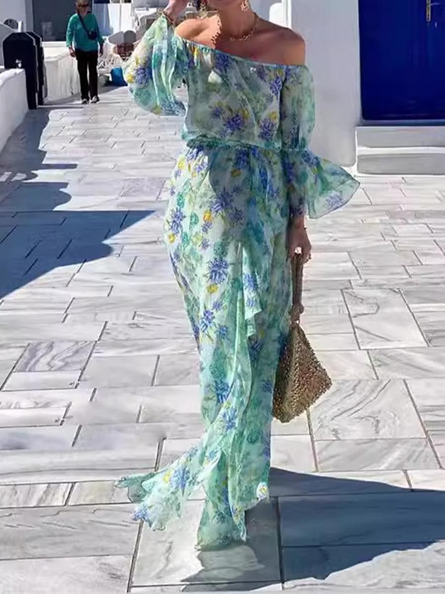 Női Hosszú ruha Maxi ruha hétköznapi ruha Swing ruha A vonalú ruha nyári ruha Stílusos Alkalmi Boho Vakáció Napi Randi Normál Virágos Hosszú ujj Aszimmetrikus Világoszöld Nyár 2025 - $41.99 –P2