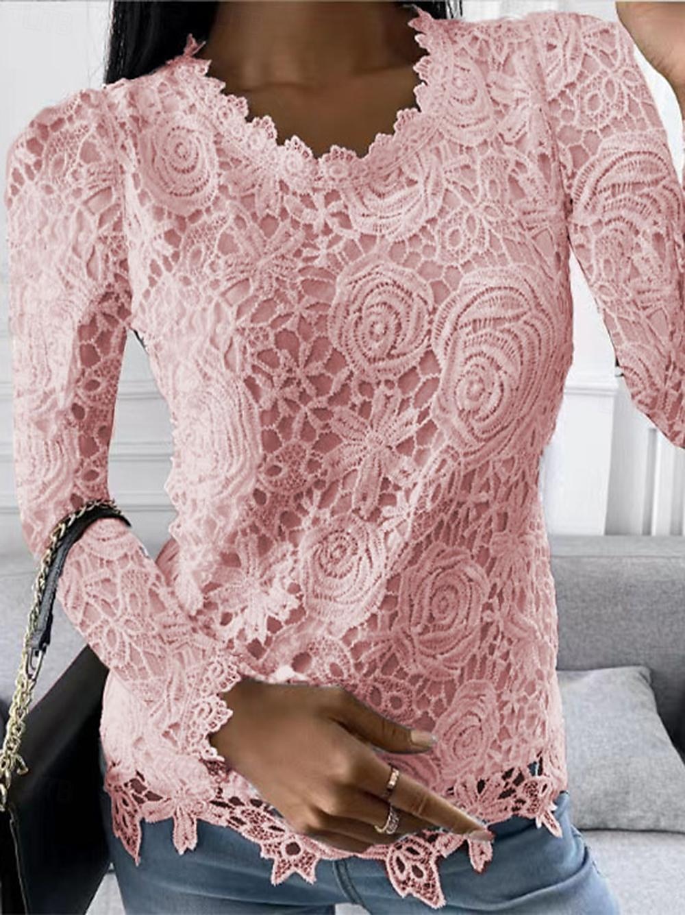 Hemd Bluse Elegante Oberteile Damen Weiß Rosa Wein Glatt Spitze Strasse Täglich Modisch Rundhalsausschnitt Regular Fit S 2025 - $26.99 –P1