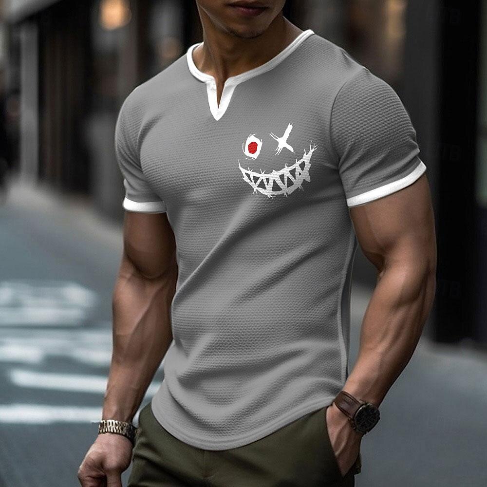 Herren Lächelndes Gesicht Waffel-Shirt Kurzarm T-Shirt 3D-Druck V Ausschnitt Hemd Täglich Designer Strasse Täglich Schwarz Königliches Blau Grau Sommer Frühling Bekleidung S M L XL XXL XXXL 2025 - $20.99 –P4