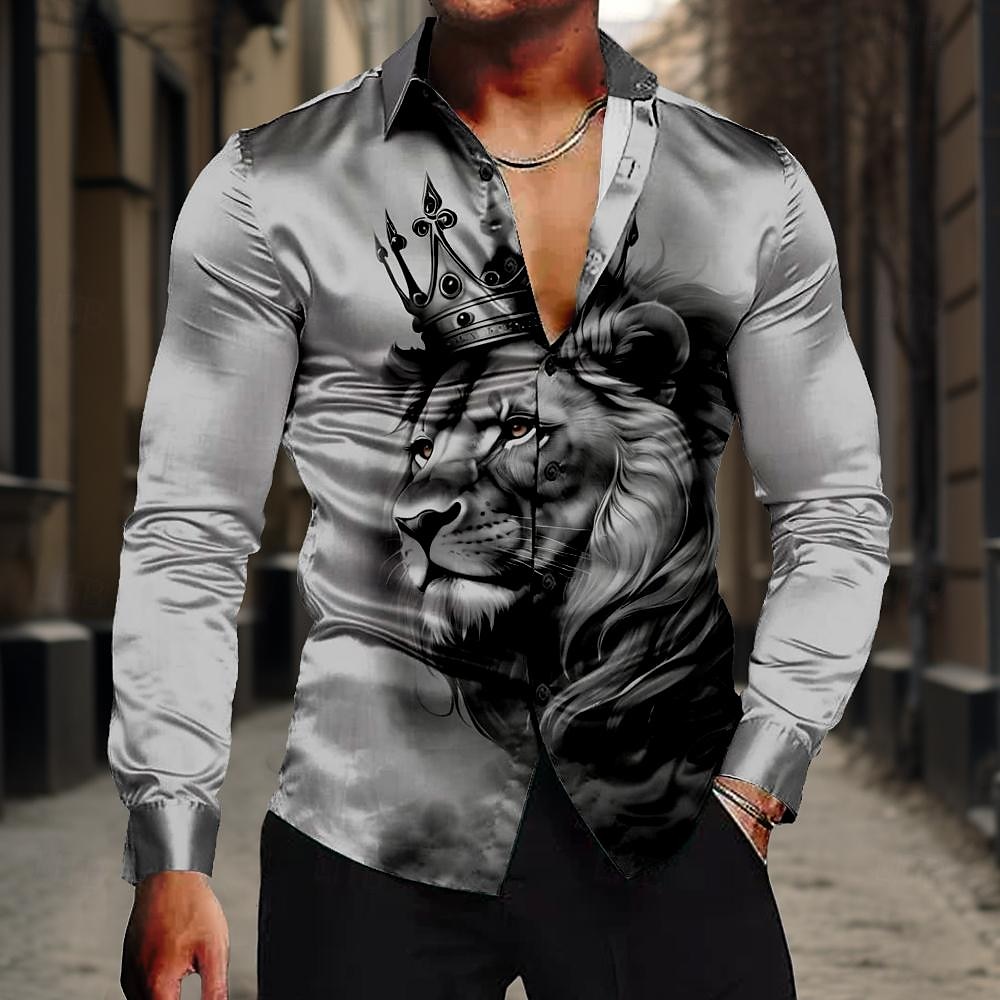 Homme Lion Lit 2 Places 'King' Chemise Chemise boutonnée manche longue Décontractées Formel Eté Printemps Automne Col rabattu Boutons Imprimer Blanche Jaune Bleu Gris de 2025 ? $27.99 –P4