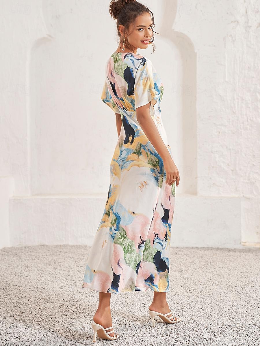 Women's Wedding Guest Dress Elegant Tie Dye Maxi Dress Short Sleeve V Neck Print Loose Fit Daily White Blue Purple Summer Dress 2025 - $59.99 –P3