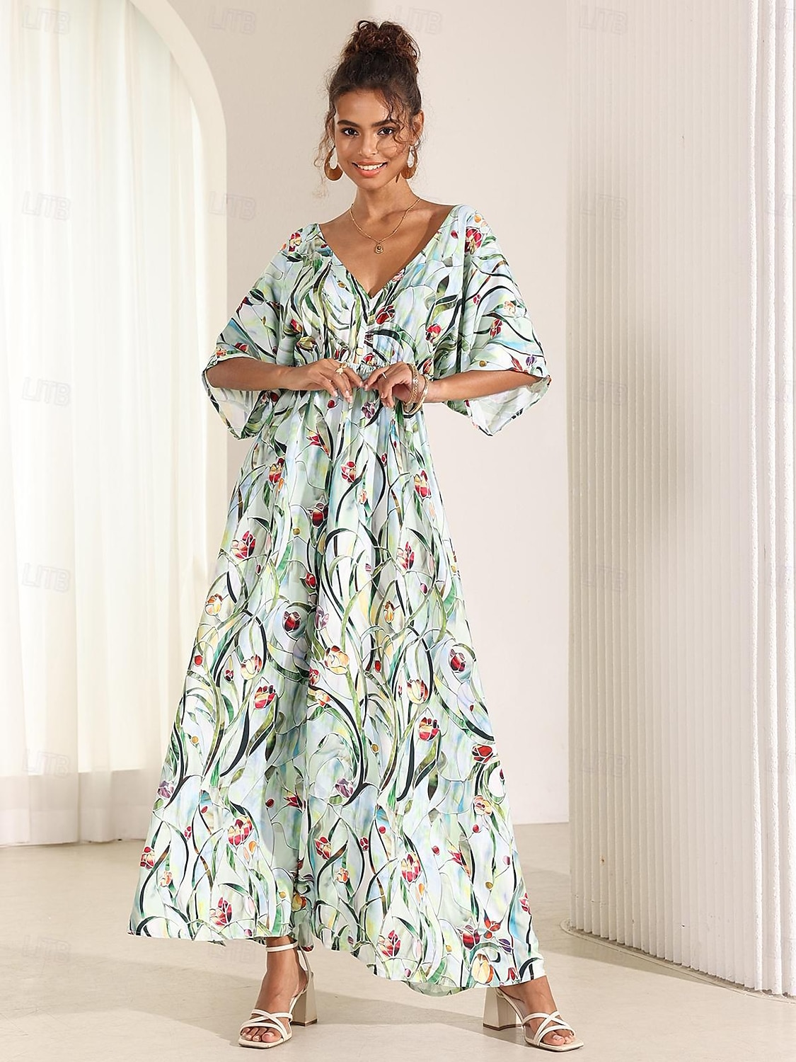 Femmes Robe Midi Robe évasée Robe trapèze Robe d'été Élégant Bohème Tropical Manche flottante Vacances Quotidien Date Coupe Ample Fleuri Manche Courte Col en V Bleu Vert Été de 2025 ? $49.99 –P6