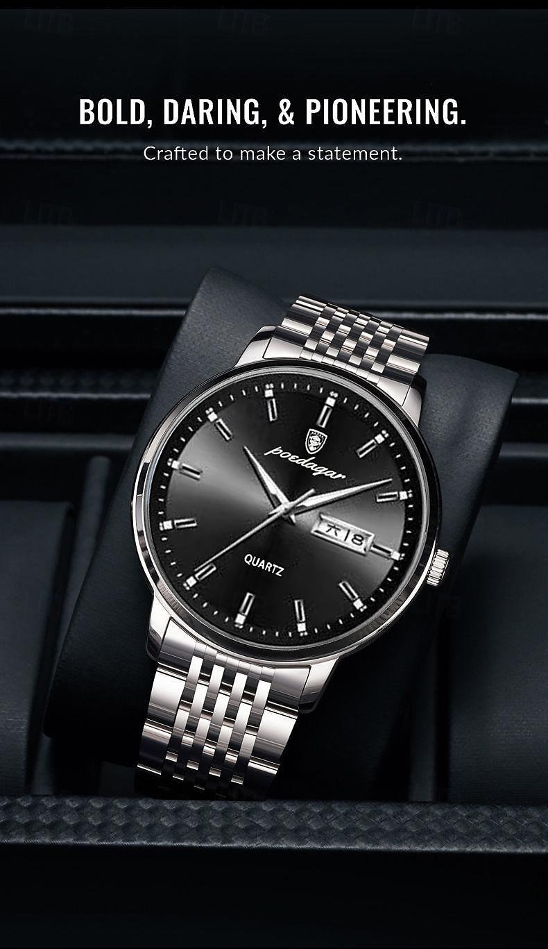 POEDAGAR Men Quartz Watch Minimalist Large Dial Fashion Business Luminous Calendar Date Week Waterproof Steel Watch 2025 - $21.99 –P3