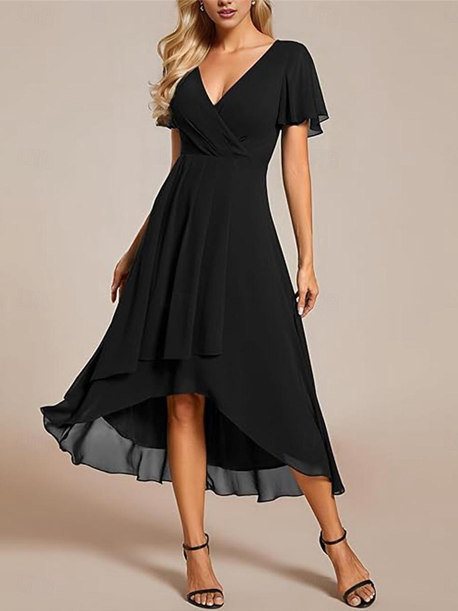 Per donna Abiti in chiffon Vestito maxi Chiffon Con balze Ufficio Cocktail party Elegante Da cerimonia A V Manica corta Nero Bianco Rosa Colore del 2025 a $50.99 -P18