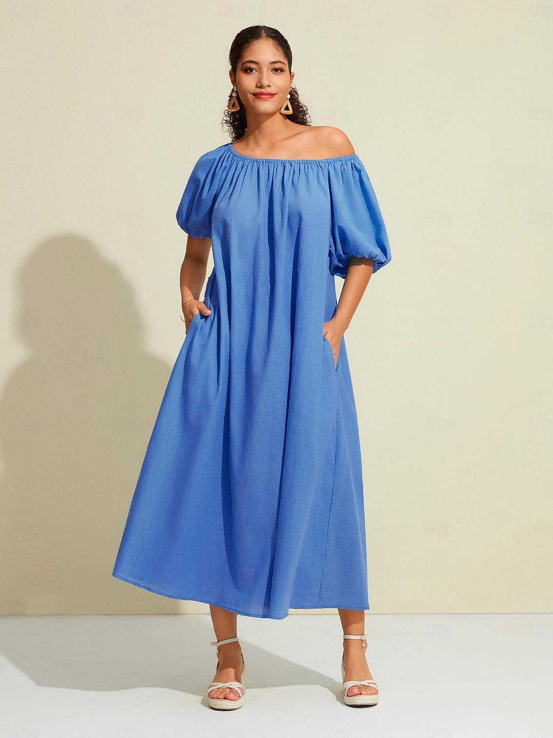 kvinners maxikjole i bomull fritidsklær feriekjole grønn løs passform off-shoulder puffermer en linje sommerkjole 2025 - $52.99 –P6