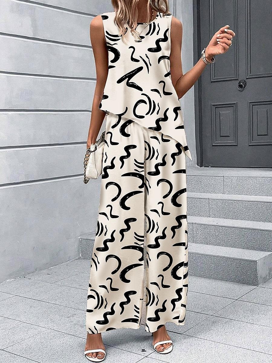 Damen 2 Teile Modisches Tanktop Hosen Sets Weite Hosen Langarm Ärmellos Rundhals Grafik Druck Lässig Täglich Beige Sommer Reguläre Passform 2025 - $44.99 –P1