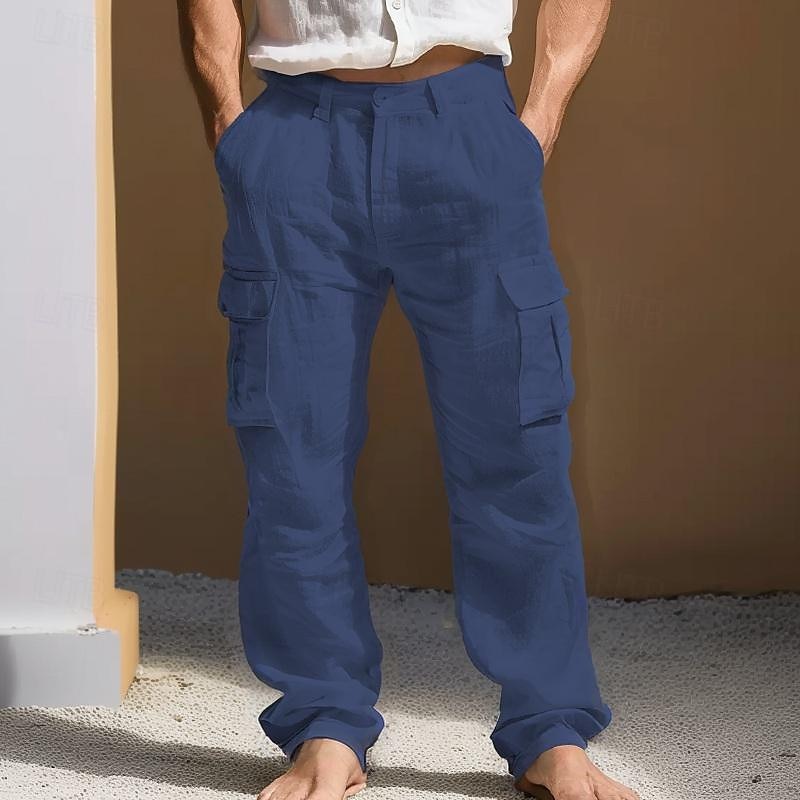 Herr Linne Byxor Långbyxor Sommarbyxor Flera fickor Rakt ben Slät Komfort Andningsfunktion Fullängd Utomhus Dagligen Utekväll Mode Streetwear Svart Vit 2025 - $29.99 –P8