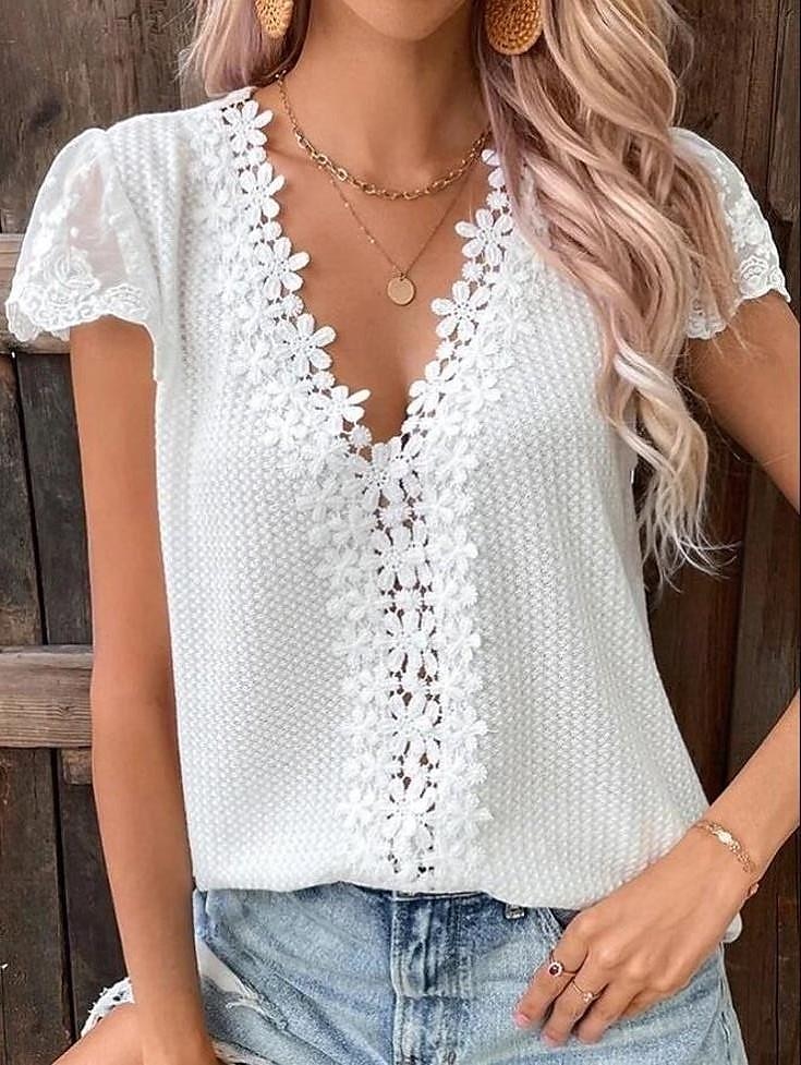 Overhemd Blouse Geklede topjes Dames Wit Effen Kant Straat Dagelijks Modieus V-hals Normale pasvorm S 2025 - $26.99 –P2