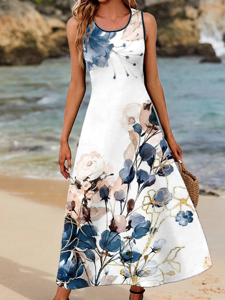 Robe longue maxi femme robe d'été robe à bretelles robe d'été décontractée vacances fête décontractée coupe ample floral sans manches col rond bleu marine été de 2025 ? $36.99 –P1