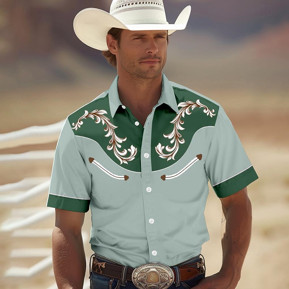 Men's Shirt Western Shirt Cowboy Shirt Short Sleeve Western Style Tribal Summer Spring Shirt Collar Yellow Green Khaki Dark Blue 2026 - $25.99 –P6