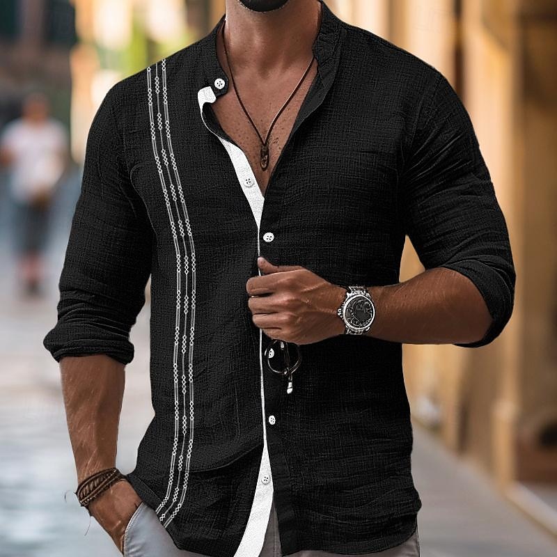 Hombre Camisa camisa de lino Camisa Guayabera Camisa con cuello mao Camisa de verano Ropa de playa Vacaciones Maldición Negro Blanco Rosa Azul Piscina Manga Larga Cuello Mao Primavera verano Ropa 2025 - $25.99 –P8