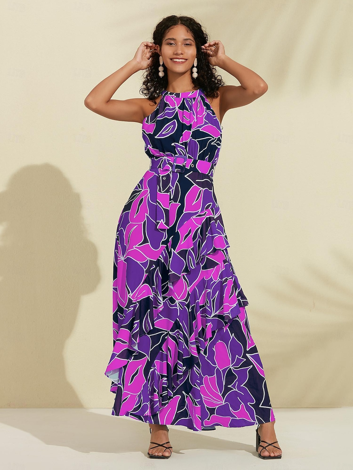 Per donna Vestito in Chiffon Abito maxi Blu Viola Senza Maniche Floreale Volant Stampa Primavera & Estate Il giro Abito a Fantasia XS S M del 2025 a $86.99 –P7