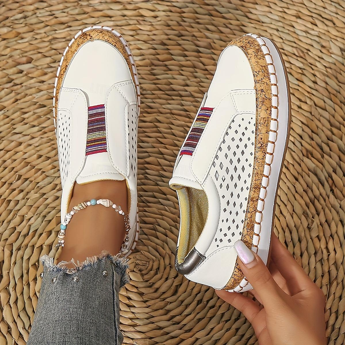 scarpe casual slip-on bianche da donna – sneakers traspiranti in similpelle con finiture in sughero e fascia elastica per camminare, viaggiare e indossare ogni giorno del 2025 a $26.99 –P3
