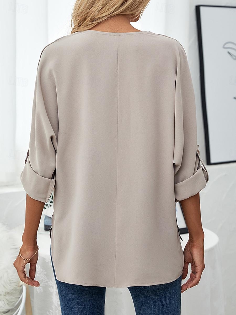 Damen Hemd Elegante Oberteile Elegant 3/4 Ärmel V Ausschnitt Rüschen Schwarz Weiß Pudriges Rosa Khaki Frühling Sommer 2025 - $27.99 –P2