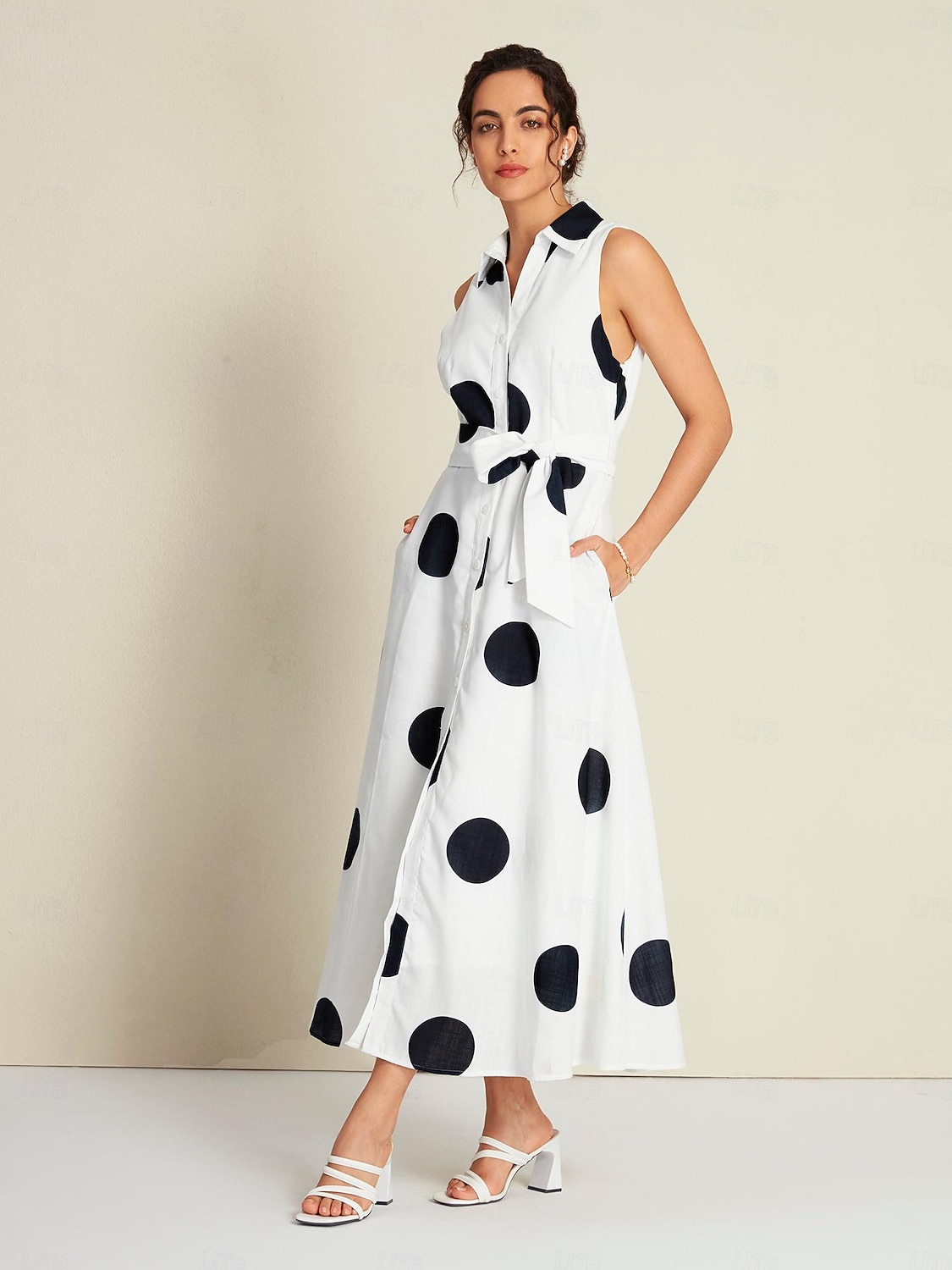 Damen blusenkleid Saum Maxi Maxidress Weiß Ärmellos Punkt Tasche Bindegürtel Sommer Kargen Casual S M L 2025 - $24.69 –P4