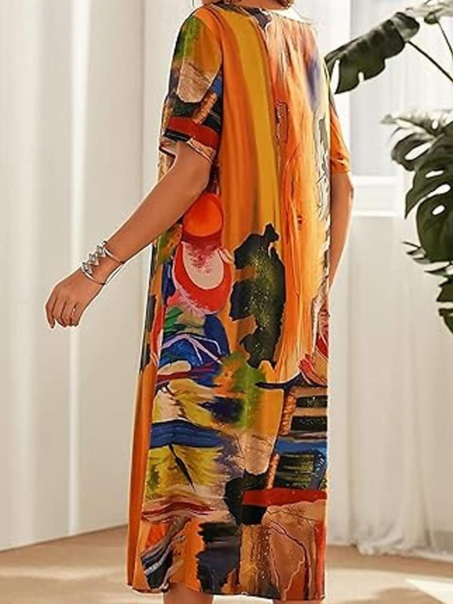 γυναικείο abstract print crew midi φόρεμα casual καθημερινό κοντομάνικο καλοκαίρι 2025 - $21.99 –P2