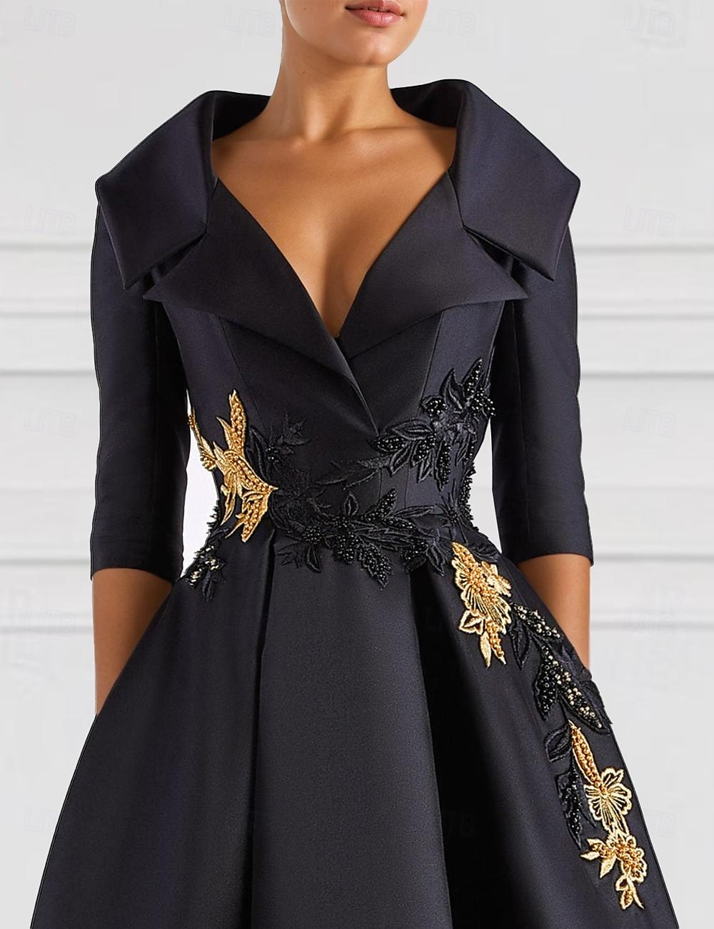 Schwarzes A-Linie Abendkleid Vintage Gesticktes Elegantes Kleid Smokingkleid Formal Bodenlang Langarm V-Ausschnitt Tasche Satin mit Perlenapplikationen 2025 - $146.99 –P3