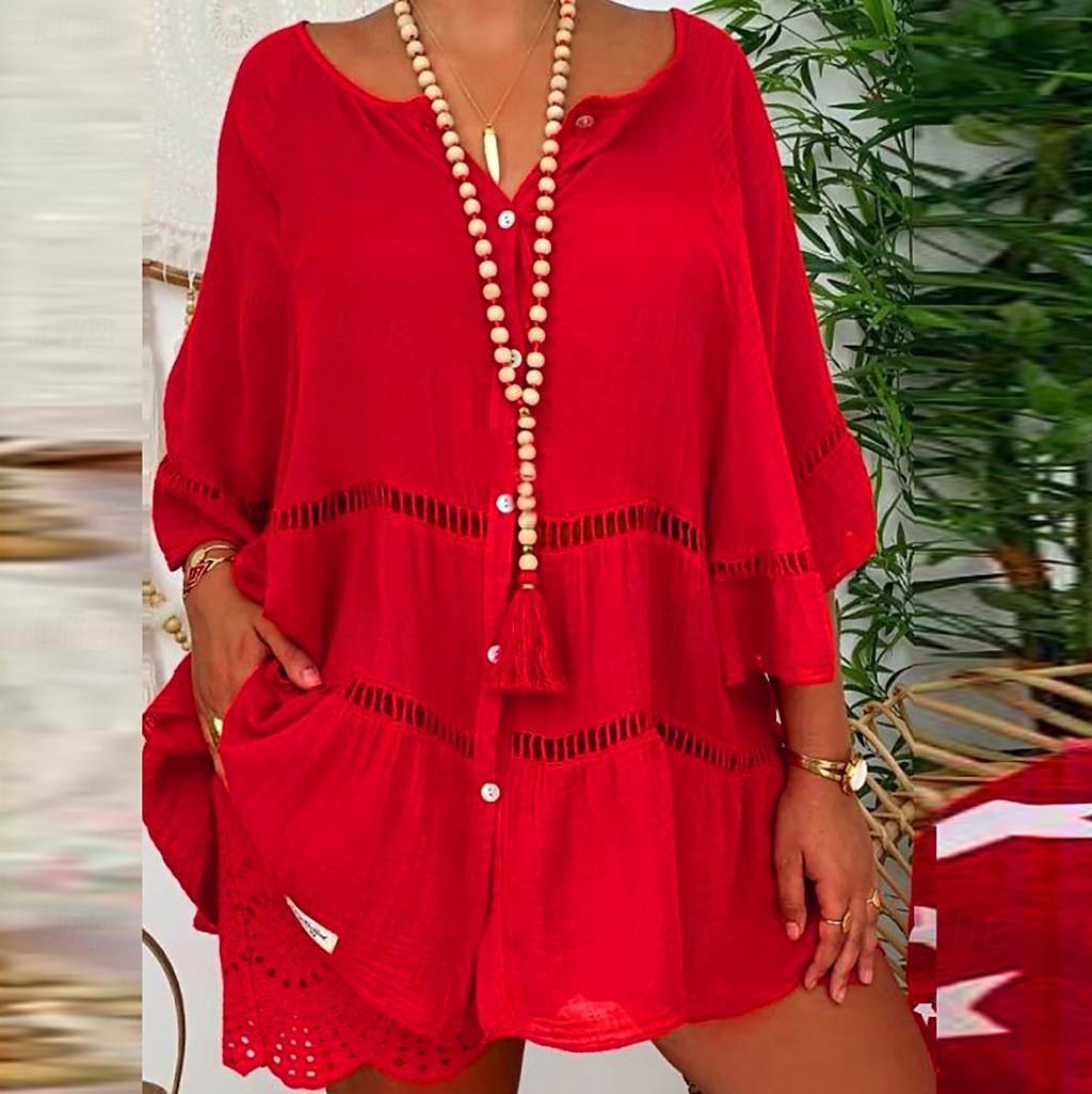 Femmes Chemise Chemises inspirées du lin Chemisier Uni Mode Col en V Rue Quotidien Découpé Longue Blanche Jaune Rouge Marron Été de 2025 ? $25.99 –P1