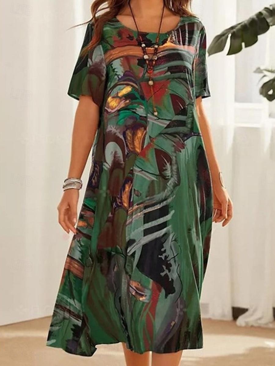 γυναικείο abstract print crew midi φόρεμα casual καθημερινό κοντομάνικο καλοκαίρι 2025 - $21.99 –P4