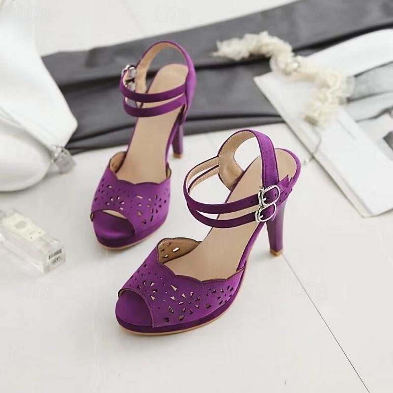 Femme Sandales Rétro du quotidien Découper Boucle Talon Aiguille Bout ouvert Elégant Rétro Vintage Daim Boucle Noir Rouge Violet de 2025 ? $42.99 –P1