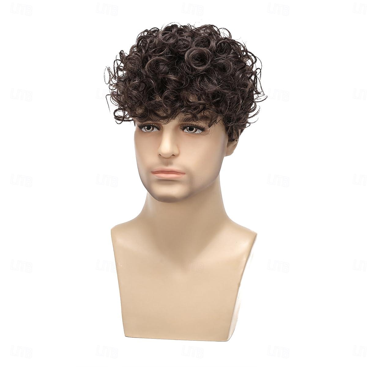 Mens Curly Wigs Dack Brown Short Wig,Synthetic Heat Resistant Costume Wig Mens Daily Cosplay Party Halloween 2025 - $19.49 –P4