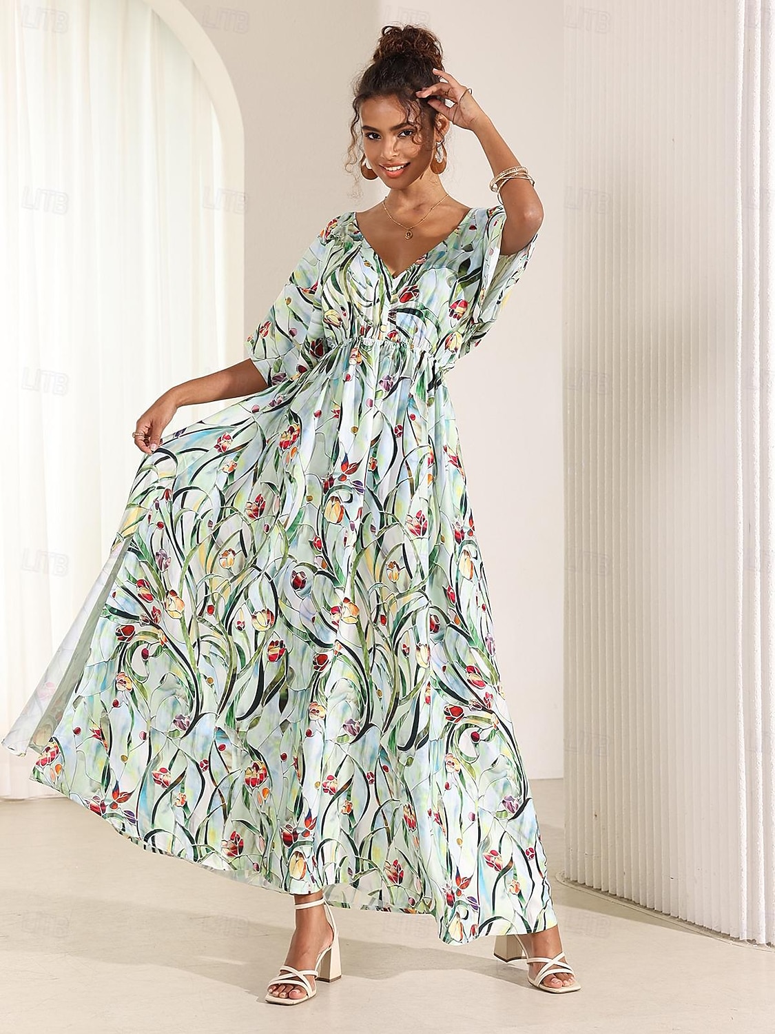 Femmes Robe Midi Robe évasée Robe trapèze Robe d'été Élégant Bohème Tropical Manche flottante Vacances Quotidien Date Coupe Ample Fleuri Manche Courte Col en V Bleu Vert Été de 2025 ? $49.99 –P7