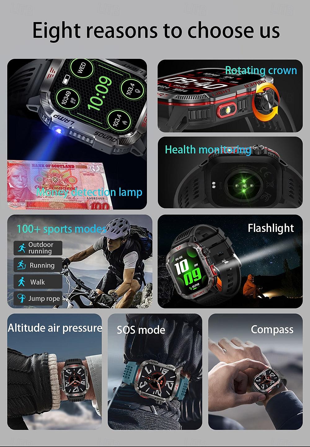 2025年 2024年新作アウトドアスポーツ高度気圧コンパスBluetooth通話スマートウォッチLEDライト付きマネーチェック機能付きスマートウォッチ  コレクション – $46.99 –P2