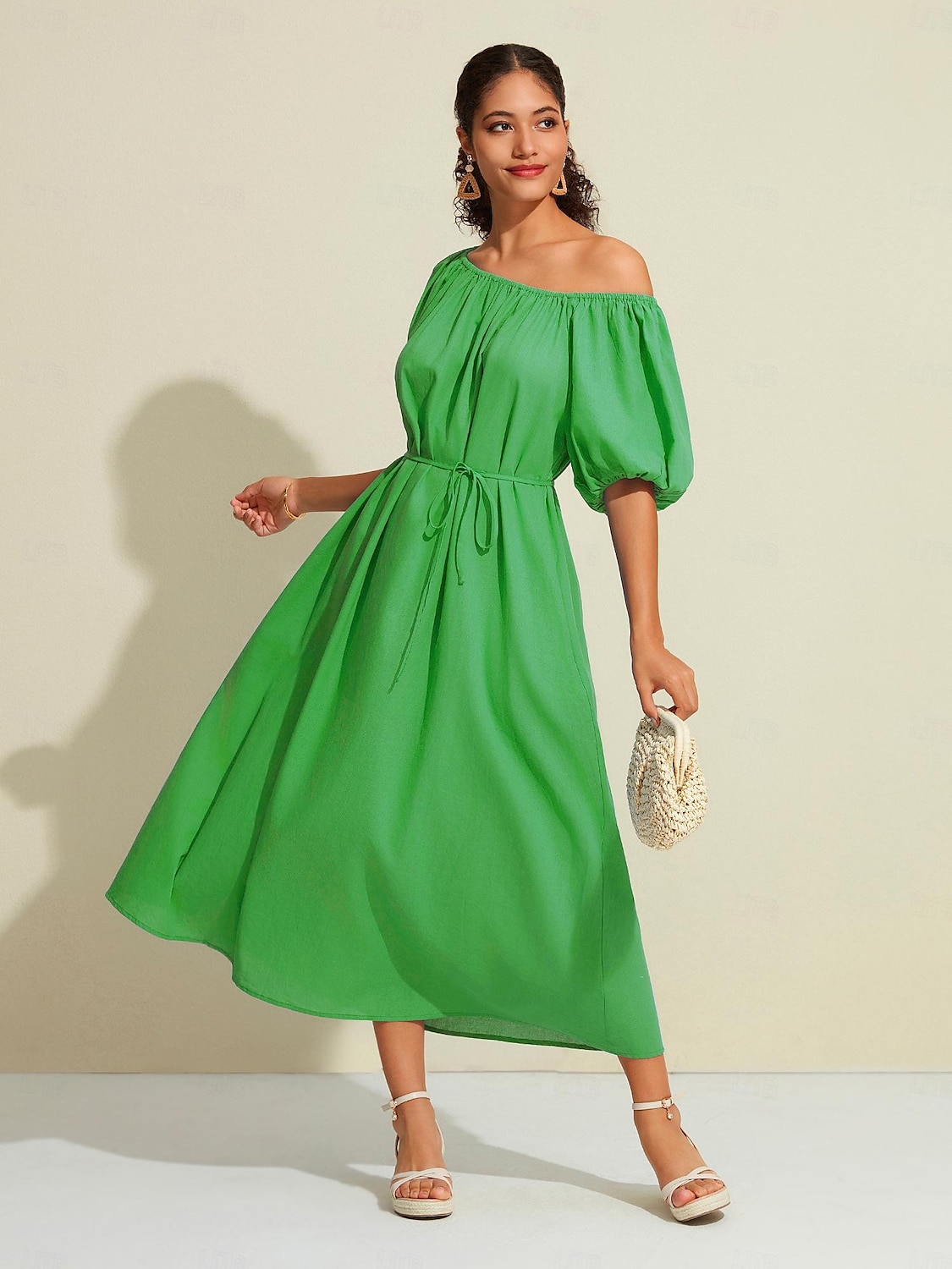 kvinners maxikjole i bomull fritidsklær feriekjole grønn løs passform off-shoulder puffermer en linje sommerkjole 2025 - $52.99 –P4