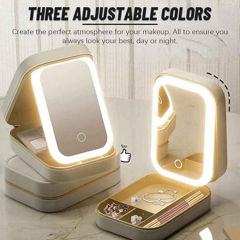 LED Lighted Makeup Mirror with Adjustable Brightness, Portable Vanity Mirror with Built-in Organizer, Travel Cosmetic Case with Jewelry Storage, USB Rechargeable 2025 - $35.99 –P3