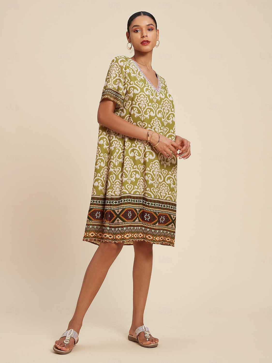 Chiffon Geometric Boho V Neck Short Sleeve Mini Dress 2025 - $72.99 –P4