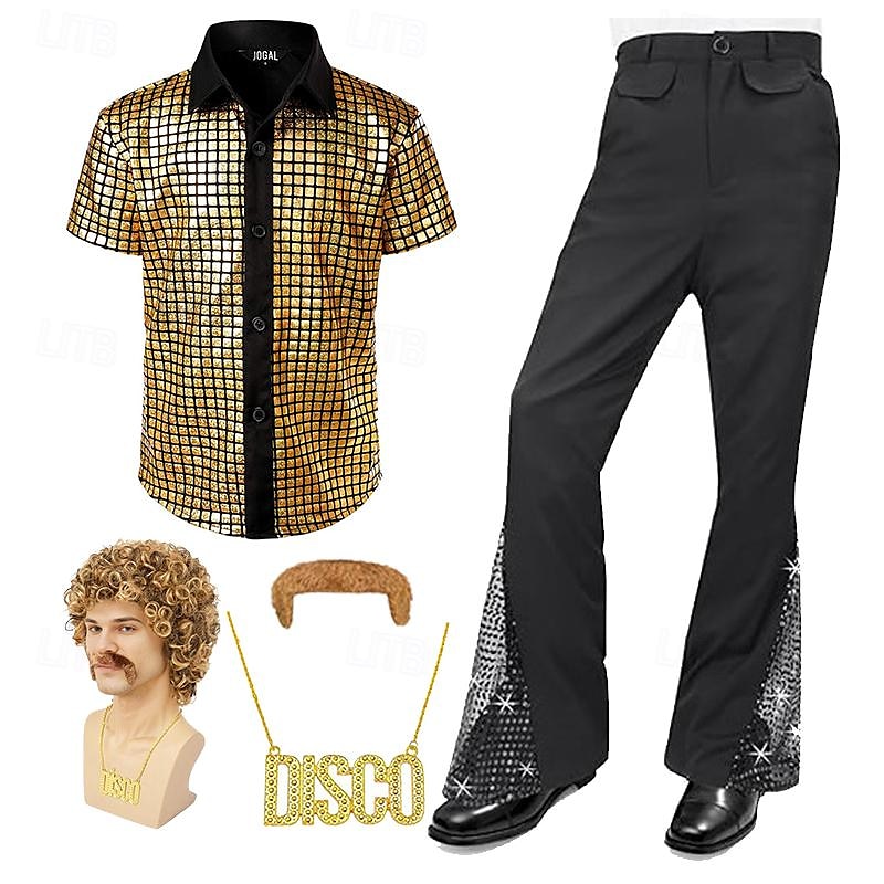 férfi 70-es évek diszkó ingek fémes flitterek rövid ujjú gombos ingek retro vintage 1970-es évek jelmez előadás party színpad halloween 2025 - $60.99 –P1