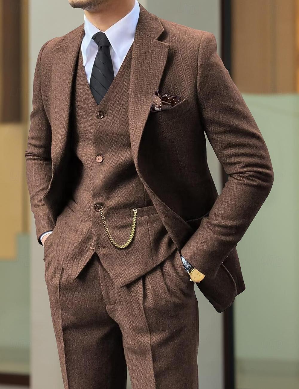 Herr Bröllop Tweeddräkter Brun Retro / vintage Fiskben Skräddarsydd passform 3 delar set Singelknäppt Två knappar 2025 - $136.99 –P1