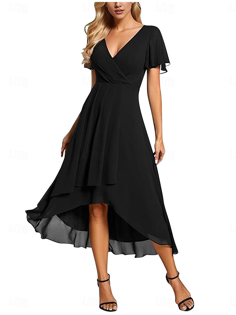 Per donna Abiti in chiffon Vestito maxi Chiffon Con balze Ufficio Cocktail party Elegante Da cerimonia A V Manica corta Nero Bianco Rosa Colore del 2025 a $50.99 -P5