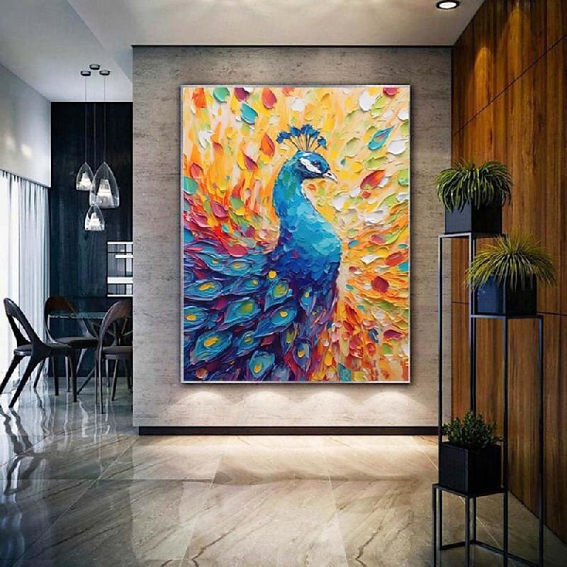 Pfauengemälde, Vogelkunst, Ölgemälde, handgefertigt, farbenfrohes Pfauen-Impasto-Kunstwerk, helles Ölgemälde, Wandkunst, Palettenmesser, heller Vogel, 3D-Strukturkunst, Gemälde für Schlafzimmer, 2025 - $116.99 –P7