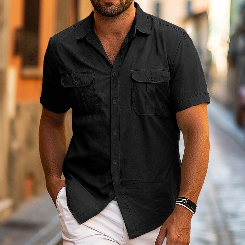 Men's Shirt Summer Shirt Beach Wear Casual Shirt Button Up Shirt Yellow Short Sleeve Solid Color Lapel Daily Vacation Pocket Clothing Apparel Cotton Cotton Blend Fashion Casual Comfortable 2026 - $24.99 –P9
