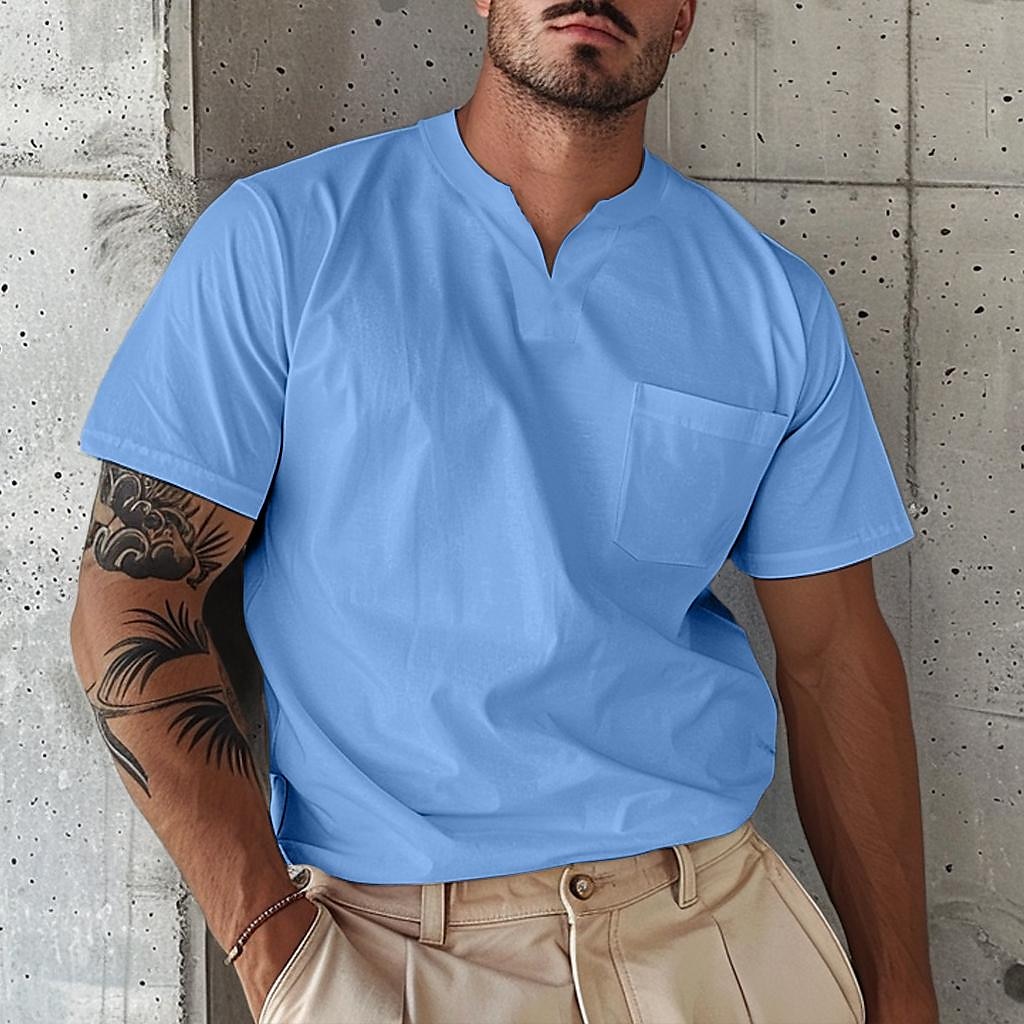 Voor heren T-shirt Korte mouw V-hals Zomer Effen Modieus Ontwerper Basic Knop Voorvak Vakantie Uitgaan Casual / Dagelijks Licht Blauw Legergroen Marine Top T-shirt voor mannen 2025 - $17.99 –P11