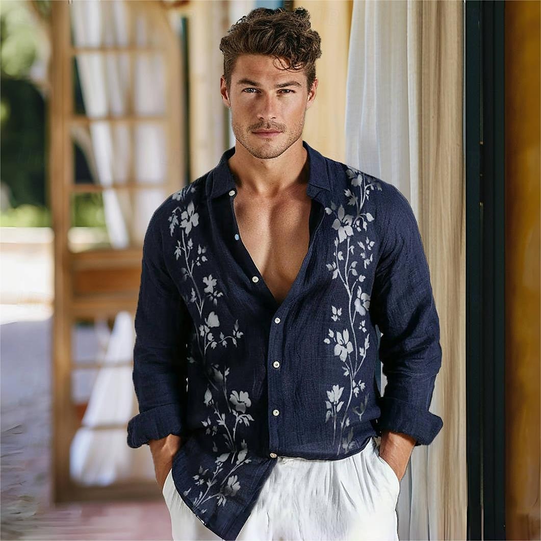 Per uomo Camicia di lino Camicia in cotone e lino Floreale All'aperto Casual Blu marino Manica Lunga Collo ripiegato Primavera & Autunno Abbigliamento Bottoni del 2025 a $12.99 –P1