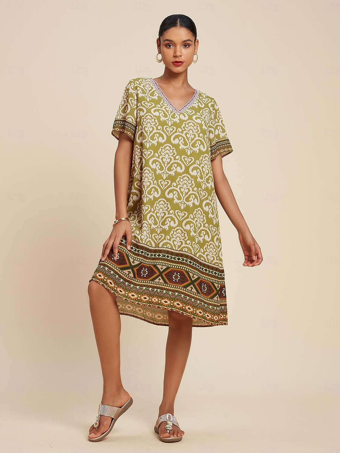 Chiffon Geometric Boho V Neck Short Sleeve Mini Dress 2025 - $72.99 –P5