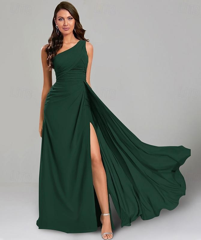 Rochii de oaspeți la nuntă A-Line Rochie Elegantă Cravată Neagră Lungime Pardoseală Mâneci Scurte cu Un Umăr Rochie de Domnișoară de Onoare Chiffon cu Pliseuri 2025 - $153.99 –P1