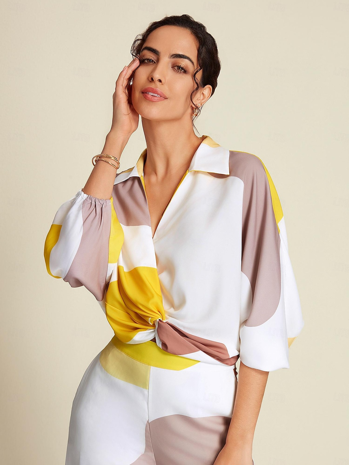 Satin Contrast Knot Front Balloon Sleeve Shirt 2025 - $41.99 –P7