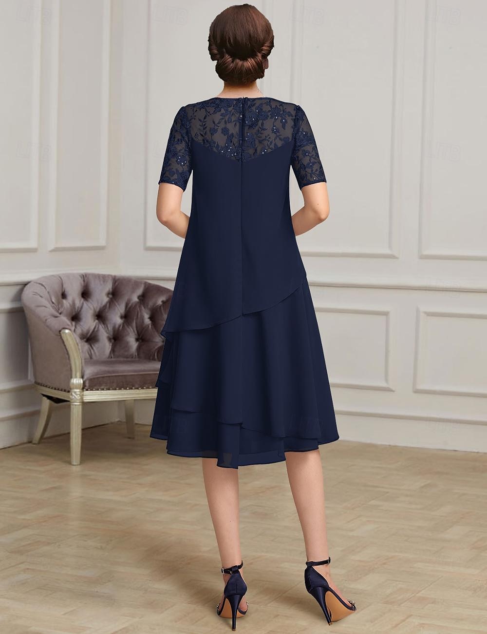 Robe mère de la mariée A-Line élégante formelle à col bijou longueur thé en chiffon à courte manche avec dentelle taille sur mesure gratuite de 2025 ? $149.99 –P2