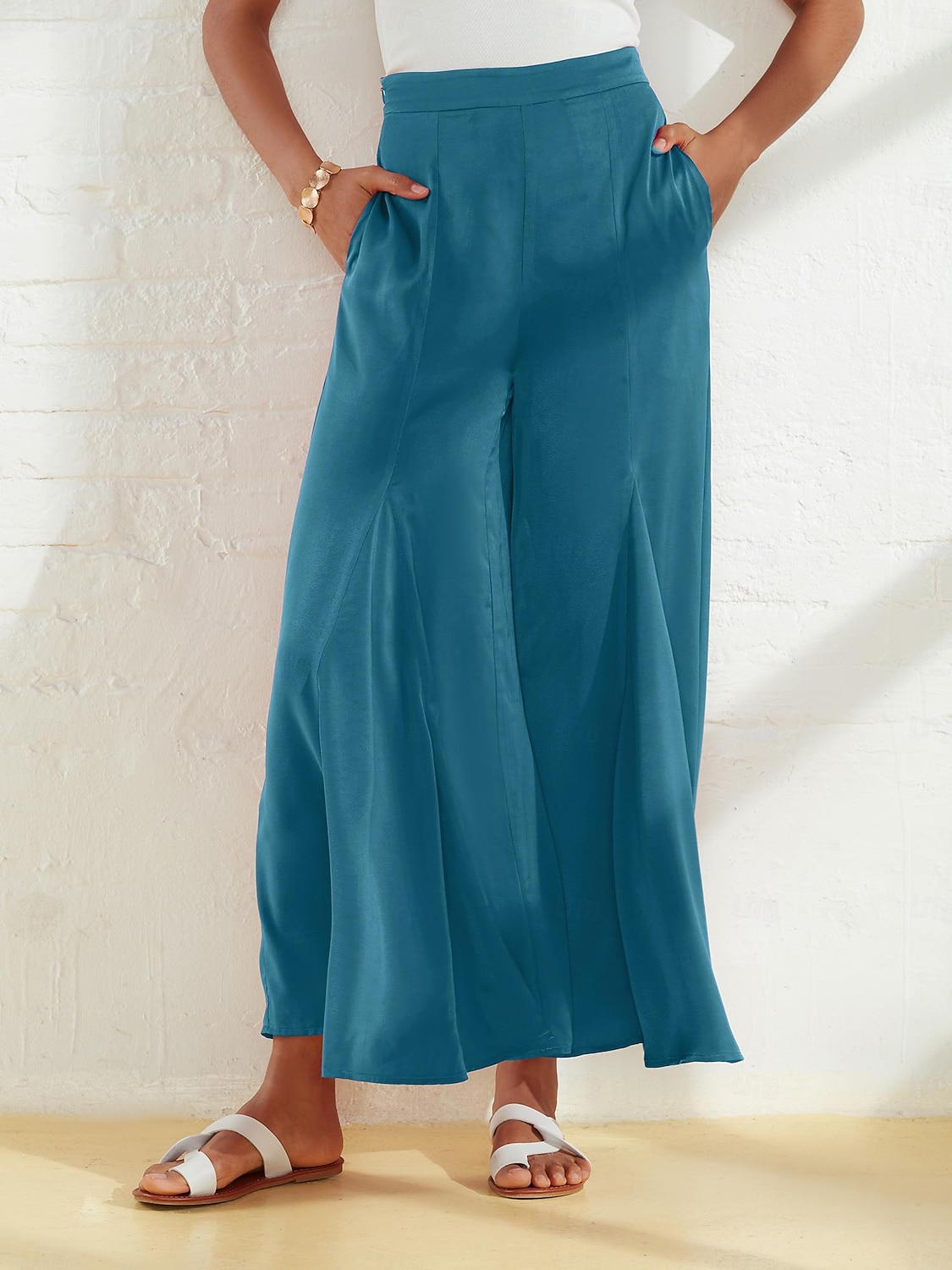 kvinners brede ben bukser burgunder sateng lomme casual elegante loose fit bukser våren sommer 2026 - $79.99 –P11