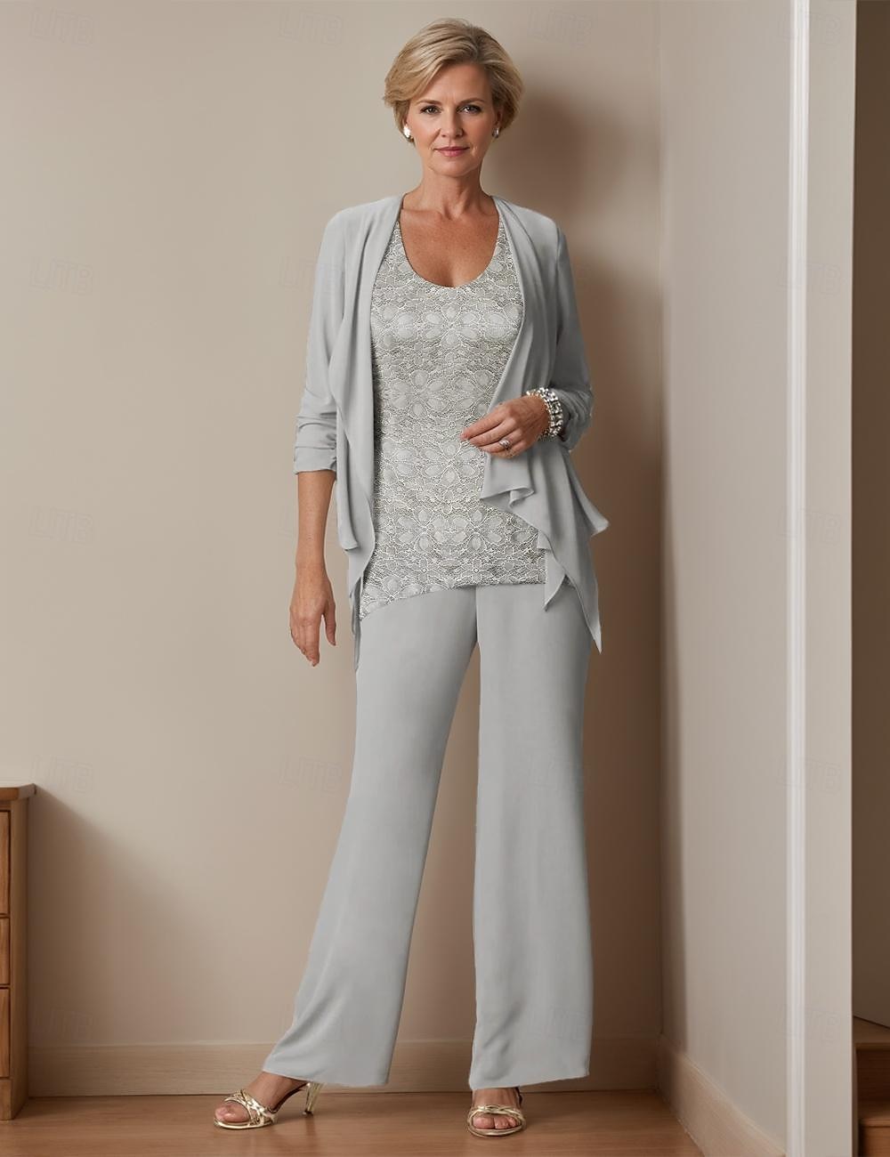 Strand Hochzeits-Jumpsuits Mutter der Braut Hochzeitsgast Eleganter Rundhalsausschnitt Knöchellang Chiffon Langarm mit Spitze 2025 kostenlose Maßanfertigung 2025 - $171.99 –P1
