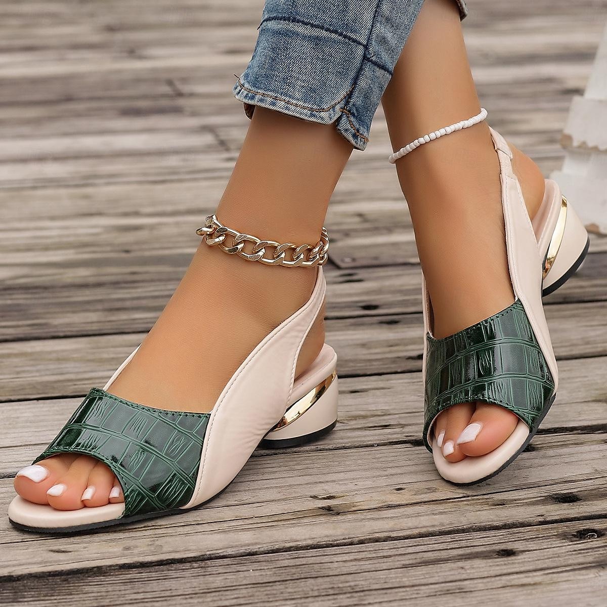 Women's Green and Beige Open-Toe Slingback Sandals – Crocodile Pattern Design with Gold Heel Accents for Casual and Elegant Summer Outfits 2025 - $32.99 –P7